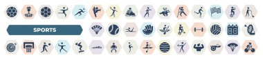 set of 40 filled sports icons. glyph icons such as soccer football ball, baton twirling, hockey, parachute, unicycling hockey, dart board, volleyball, formula racing, discus throw vector.