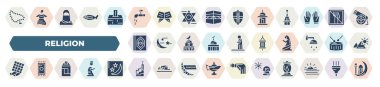 set of 40 filled religion icons. glyph icons such as prayer beads, wudu, adhan call, mushaf, arabic lamp, raya rosary, sadaqah charity, islamic minbar, assr vector.