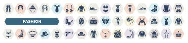 set of 40 filled fashion icons. glyph icons such as trousers with side pockets, jewel, femenine trakcsuit, hair dye, monocle, lingerine, belt pouch, drying, high heel sandals vector.