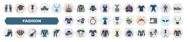 set of 40 filled fashion icons. glyph icons such as pair sandals, monarchy, general helmet, t shirt with heart, pair of gloves, high heel boots, high heel shoes, summer hat with a flower, sweater