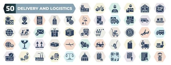 Set Filled Delivery Logistics Icons Glyph Icons Packages Zip Code — Vettoriale Stock