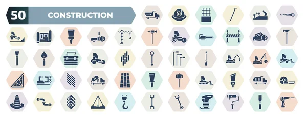Set Filled Construction Icons Glyph Icons Dump Truck Retractable Trimming — Stockový vektor