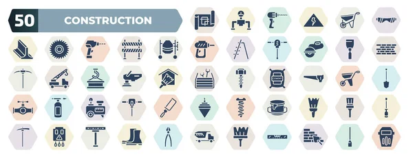 Set Filled Construction Icons Glyph Icons Construction Plan Safety Glasses — Stockový vektor