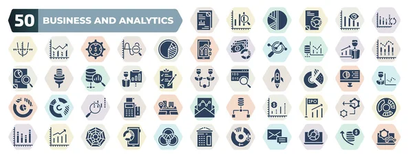 Set Filled Business Analytics Icons Glyph Icons Print Document Synchronization —  Vetores de Stock