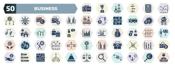 Set Filled Business Icons Glyph Icons Color Business Card Line — Stockvector