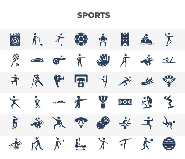 filled sports icons set. glyph icons such as match, football ball, tennis game, baton twirling, shuttlecock, horseball, paragliding, mixed martial arts, ice skates vector.