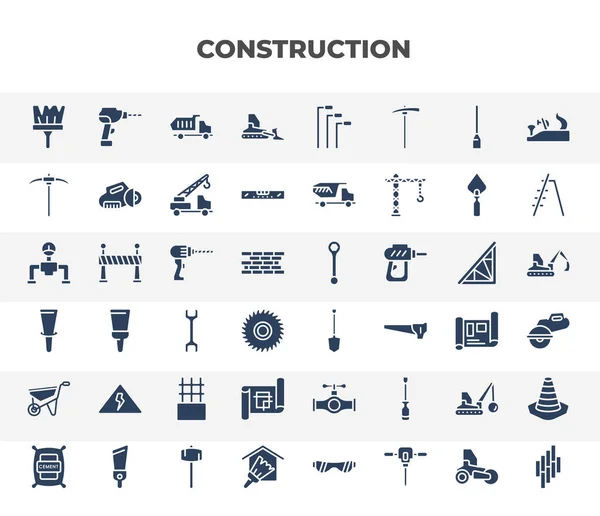 Filled Construction Icons Set Glyph Icons Brush Bulldozer Pick Axe — Vettoriale Stock