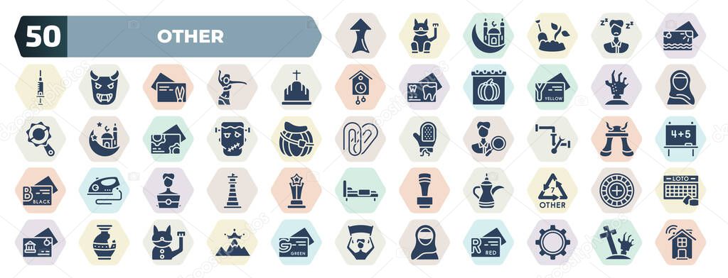 set of 50 filled other icons. glyph icons such as arrowup, sea business card, tombstone with cross, zambie hand, monster, plumbering, it specialist, arabic jar, broken vase, araba woman vector.
