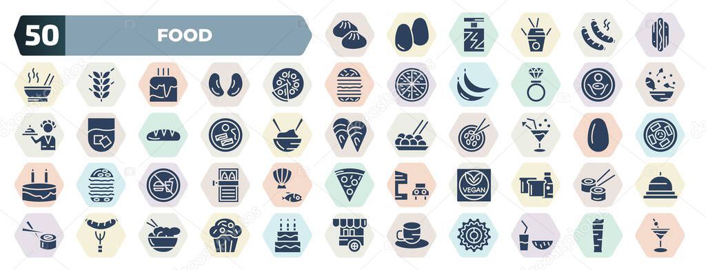 set of 50 filled food icons. glyph icons such as mantou, hot dog with mustard, italian, zha jiang mian, guotie, alcoholic, no drinking, vegan, burning sausage on a fork, cafe bar vector.