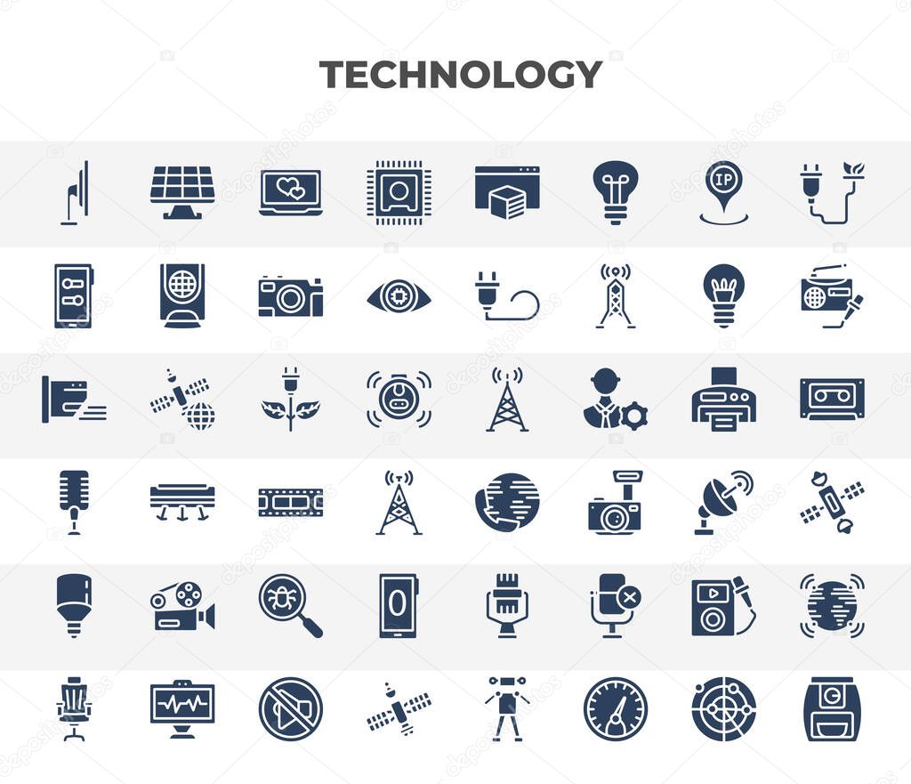 filled technology icons set. glyph icons such as tv side, computer microprocessor, mode, ecologic electricity, international call, cinema projector, zero, entertainer, space satellite