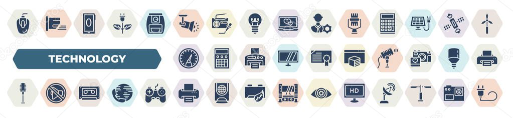 set of 40 filled technology icons. glyph icons such as classroom computer mouse, spotlights, big old microphone, vehicle speedometer, 3d printing software, retro microphone, caste tape, printing, hd