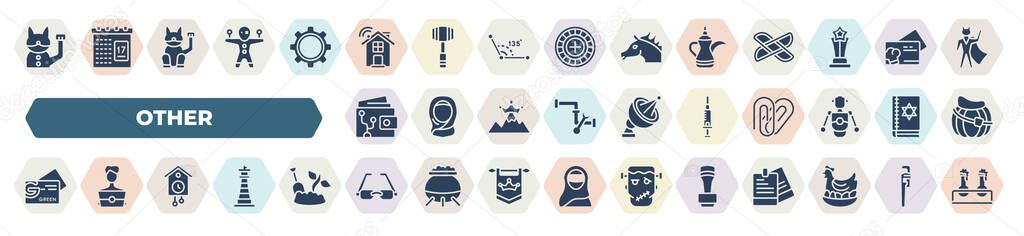 set of 40 filled other icons. glyph icons such as lucky cat toy, smarthome, arabic jar, smart wallet, syrnge, green abstract business card, clock pointing four o'clock, vintage eyeglasses, wooden