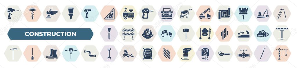 set of 40 filled construction icons. glyph icons such as driller, joist, crane truck, wedge tool, cement mixers, hoe, rubber boots, wrench, circuit breaker vector.