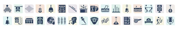 Filled Music Icons Set Glyph Icons Accordionist Audio Bars Guitar — ストックベクタ