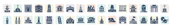 Filled Buildings Icons Set Glyph Icons Chinese Temple Arc Triomphe — Stockový vektor