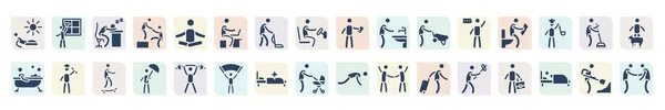 Filled Behavior Icons Set Glyph Icons Man Sunbathing Man Snoozing — Διανυσματικό Αρχείο