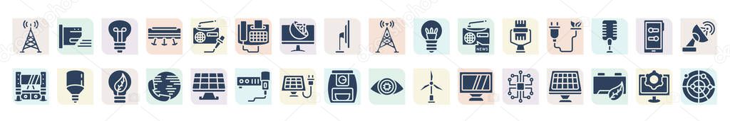 filled technology icons set. glyph icons such as frequency antenna, electric light bulb, fax phone, bulb, biomass, led lamp, international call, solar battery, printed circuit connections