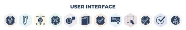 filled user interface icons set. glyph icons such as voice message microphone button, shaped paper clip, digital currency, round delete button, user with speech bubble, new tab button, tick mark,