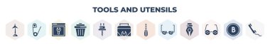 filled tools and utensils icons set. glyph icons such as windmills, perdible pin, calendar page, trash can open, auger, , metal, reading glasses, reading eyeglasses, vector.
