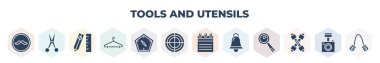 filled tools and utensils icons set. glyph icons such as moustaches, open scissors, edit tools, clothes rack, cardinal, target circles, telephone agenda, hanging bell, cross wrench, vector.