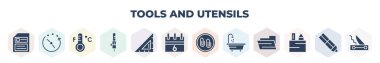 filled tools and utensils icons set. glyph icons such as face down floppy disk, time left, mercury thermometer degrees, tattoo, basic square, calendar with six days, attachments, bath tub, writing
