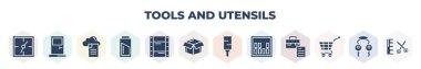 filled tools and utensils icons set. glyph icons such as clocks, doors, download file from cloud, charged battery, film strip photograms, open black box, highlight, sound wave bars, empty shopping