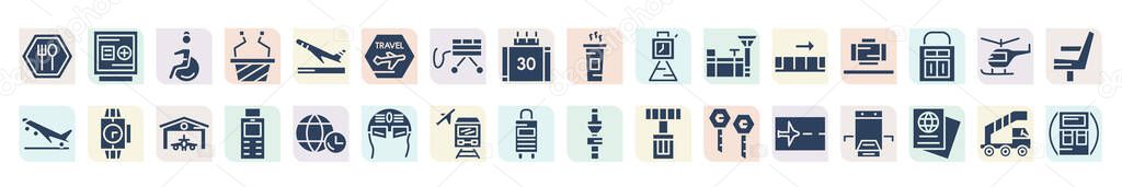 filled airport terminal icons set. glyph icons such as clutery for lunch, disable, stamp for passports, clock at twelve o'clock, picking luggage, modern wirstwatch, airport atm, train to the