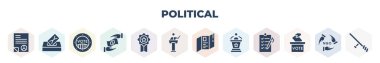 filled political icons set. glyph icons such as peace treaty, election envelopes and box, vote badge for political elections, bribe, elections badge with a star, political candidate speech, leaflet,