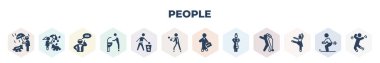 filled people icons set. glyph icons such as man protecting a dog with an umbrella, woman covering her pet with an umbrella, man talking with phone, man drinking water in public place, looking