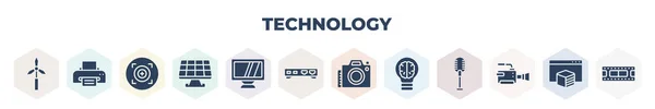 Filled Technology Icons Set Glyph Icons Eolic Printer Tool Center —  Vetores de Stock