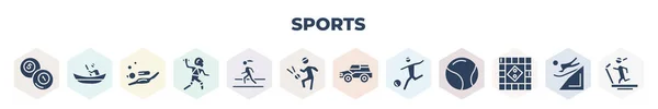 Filled Sports Icons Set Glyph Icons Pool Ball Man Canoe — Wektor stockowy
