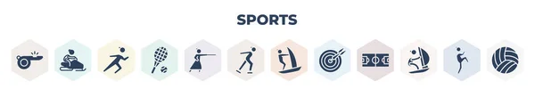 Filled Sports Icons Set Glyph Icons Whistle Snowmobile Sport Marathon — ストックベクタ