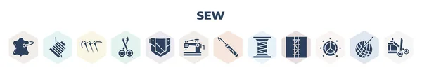 Filled Sew Icons Set Glyph Icons Leather Cotton Reel Sewing — 图库矢量图片