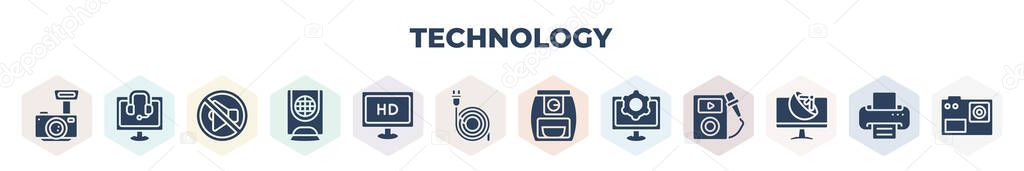 filled technology icons set. glyph icons such as reflex photo camera, telemarketing, no audio, air cooler, hd monitor, plugs, fryer, customize, tv and satellite, vector.