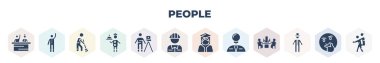 filled people icons set. glyph icons such as children in school, bestman, sweeping person, cooker with tray, photographer working, perfect worker, graduating woman, man with an idea, elegance,