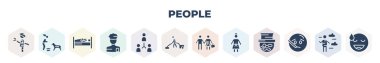 filled people icons set. glyph icons such as firefighter working, feeding a dog, patien, policeman working, business suit, man vacuuming, woman and man partners, bridesmaids, sick smile,