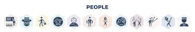 filled people icons set. glyph icons such as teacher and students, hat and glasses, businessman with suitcase, hipster smile, man with target, judge with hammer, man open lock, girl smile, man child