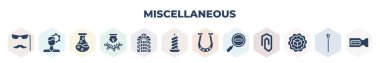 filled miscellaneous icons set. glyph icons such as fun glasses, thinking solutions, alchemy, will, stained glass window, candlestick, horseshoes, diminish, product, vector.