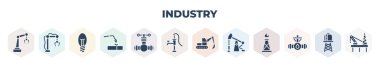 filled industry icons set. glyph icons such as industrial robot, robotic arm, light, weld, oil valve, hand pump, excavator, oil pump, petrol pipe, vector.