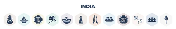 Заповнений Набір Значків Індії Гліфові Ікони Такі Вішну Олійна Лампа — стоковий вектор