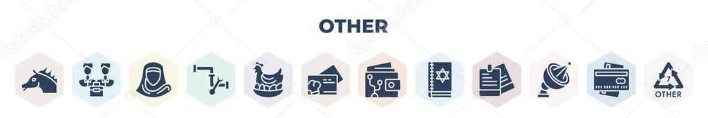 filled other icons set. glyph icons such as arab horse, limited liability, woman with hijab, plumbering, chichen hen, cook business card, smart wallet, speell book, satelite antenna, vector.