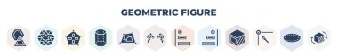 filled geometric figure icons set. glyph icons such as synergy, star ornament of triangles, constraint, prism, distort, polygonal wings, left alignment, right alignment, edit corner, vector.