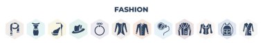 filled fashion icons set. glyph icons such as wool scarf, dress with belt, high heel shoes, german hat with small feather, fiance, long sleeves, jacket with buttons, monocle, blouse buttons,