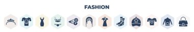 filled fashion icons set. glyph icons such as diadem, man printing, neckline dress, lingerine, barrette, coif, cheongsam, warm sock, t shirt with heart, vector.