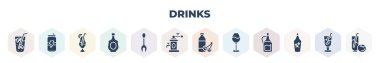 filled drinks icons set. glyph icons such as lime rickey drink, energy drink, sex on the beach, alcohol, forks, brewery, juice bottle, wine, malibu, vector.