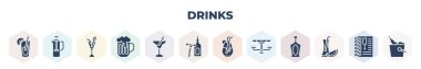 filled drinks icons set. glyph icons such as bloody mary, french press, manhattan drink, beer mug, last word drink, corkscrews and bottle of wine, planter's punch, picnic table, watermelon juice,