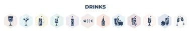 filled drinks icons set. glyph icons such as glass of wine, martinez, smoothie, mai tai, vodka, fish skeleton, absinthe, juice, ramos gin fizz, vector.