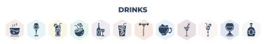 filled drinks icons set. glyph icons such as boiling, rum, cuba libre, coconut drink, glass and bottle of wine, caipirinha, sorkscrew, cappuccino, sidecar drink, vector.