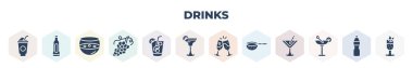 filled drinks icons set. glyph icons such as frappuccino, liquor, pisco sour, bunch of grapes, mojito, margarita, brindis with wine glasses, sieve, daiquiri, vector.