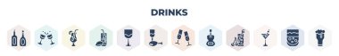 filled drinks icons set. glyph icons such as wine bottles, toast, mai thai, lemon juice, glass with wine, ham, wine toast, violin, martini, vector.